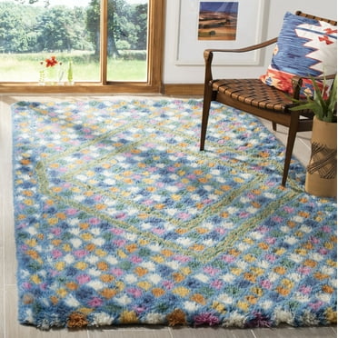 SAFAVIEH Casablanca Erksine Geometric Diamonds Shag Area Rug, Ivory/Blue, 4' x 6'