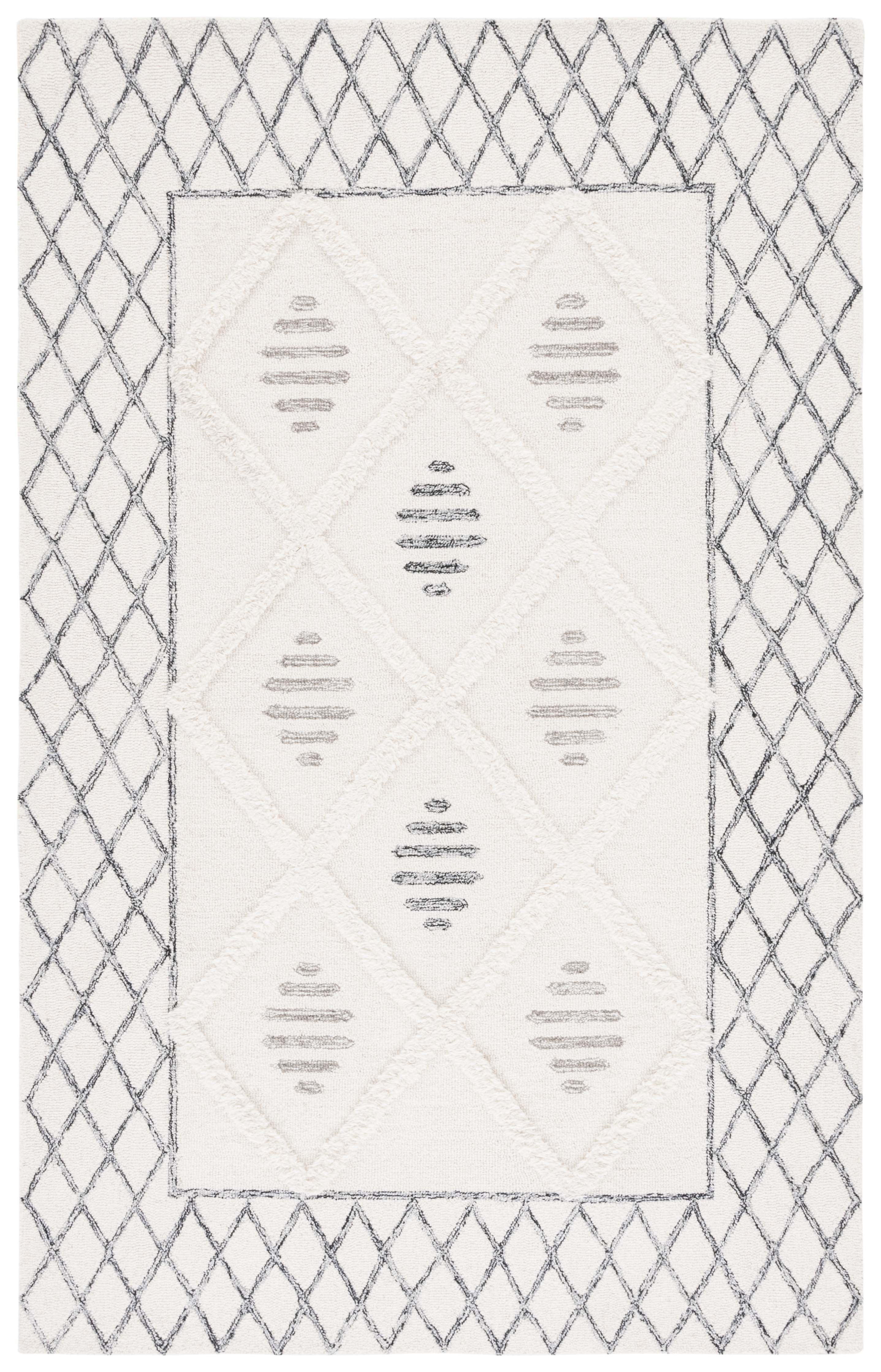 Ivory and Black Hand-Tufted Wool Shag Area Rug 4' x 6'