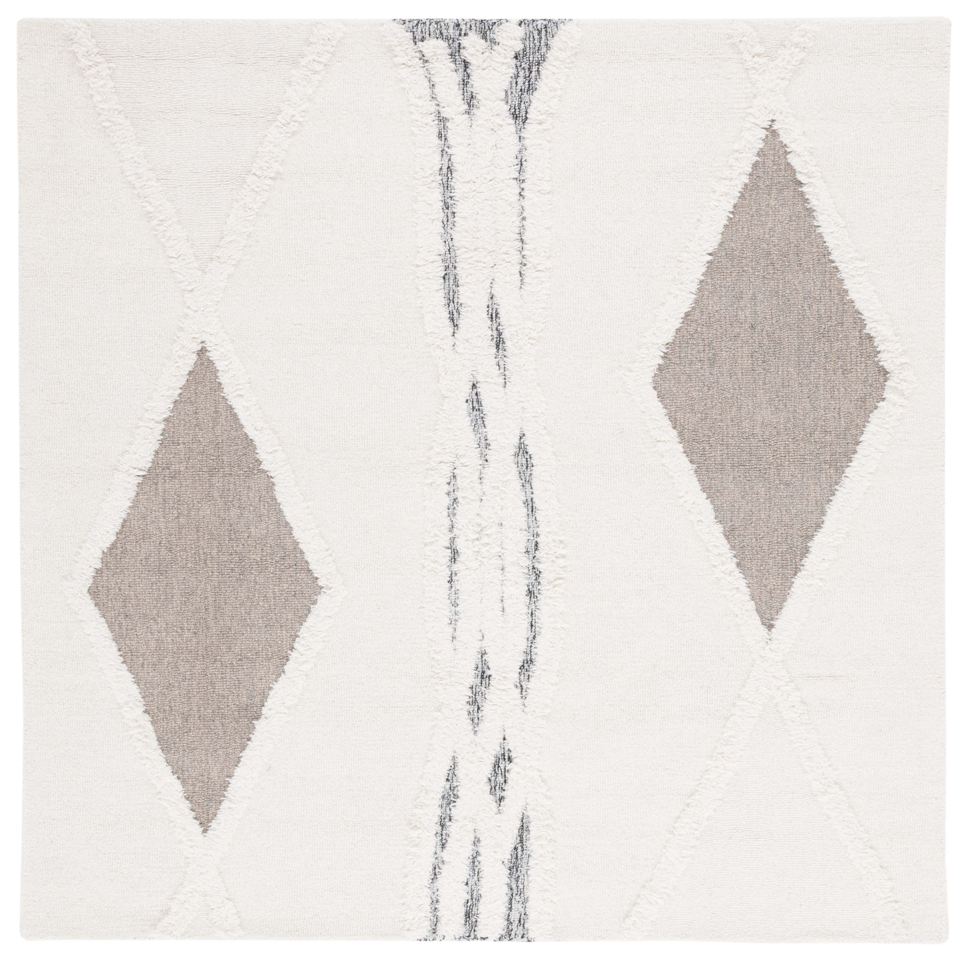 Ivory and Brown Square Wool Shag Rug