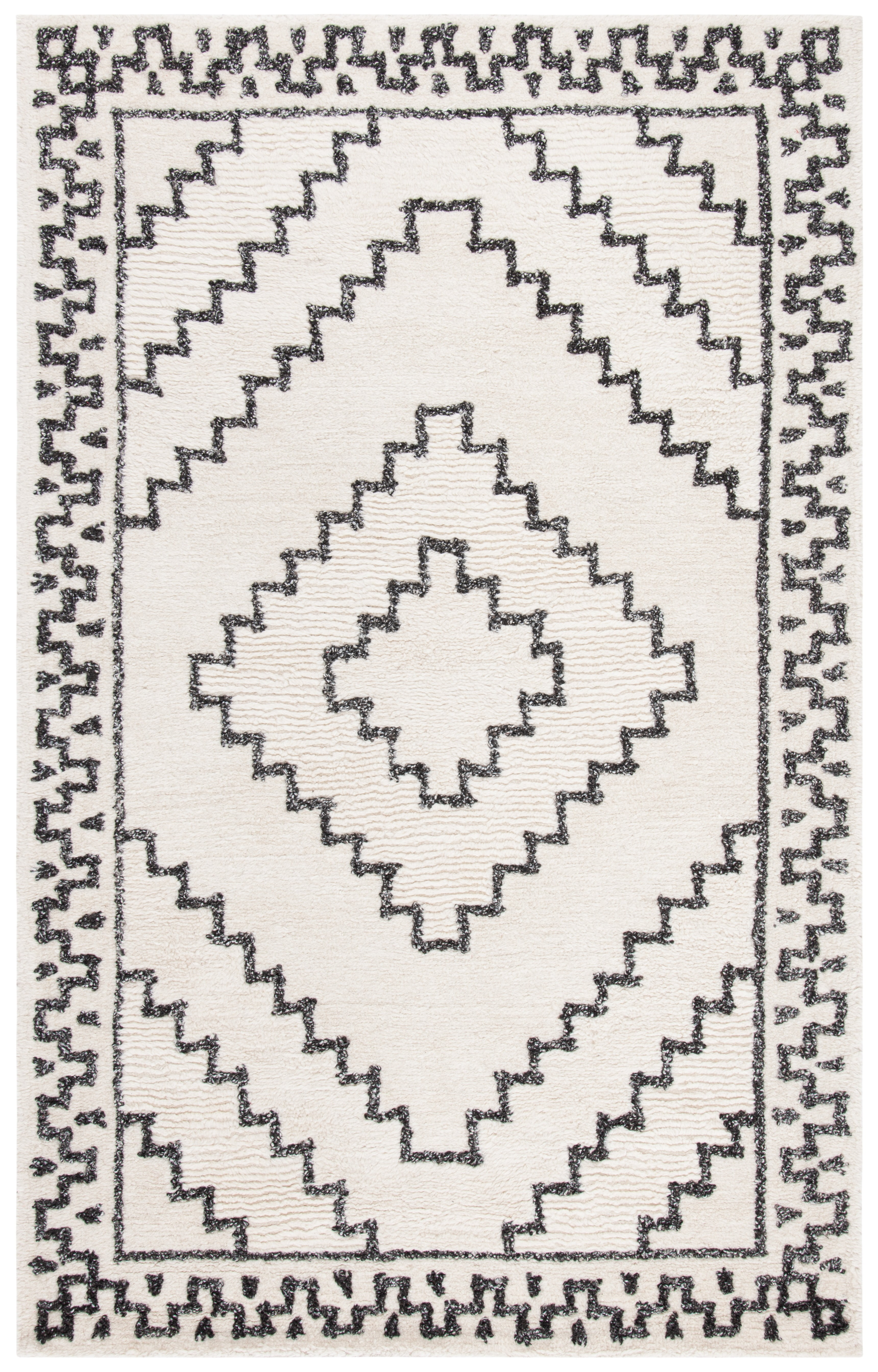 Luxurious Ivory & Black Hand-Tufted Wool Shag Rug - 5x8 Feet