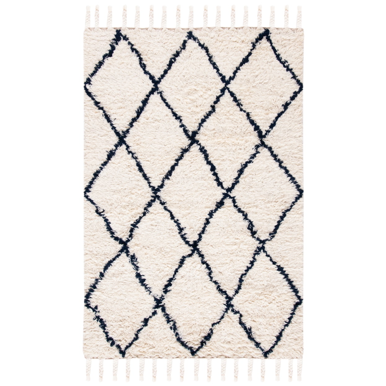 Navy and Ivory 4' x 6' Hand-Tufted Wool Shag Rug