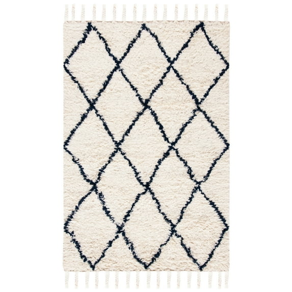 SAFAVIEH Casablanca Mackenzie Geometric Wool Shag Area Rug, Navy/Ivory, 4' x 6'