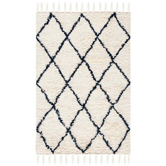 SAFAVIEH Casablanca Mackenzie Geometric Wool Shag Area Rug, Navy/Ivory, 4' x 6'