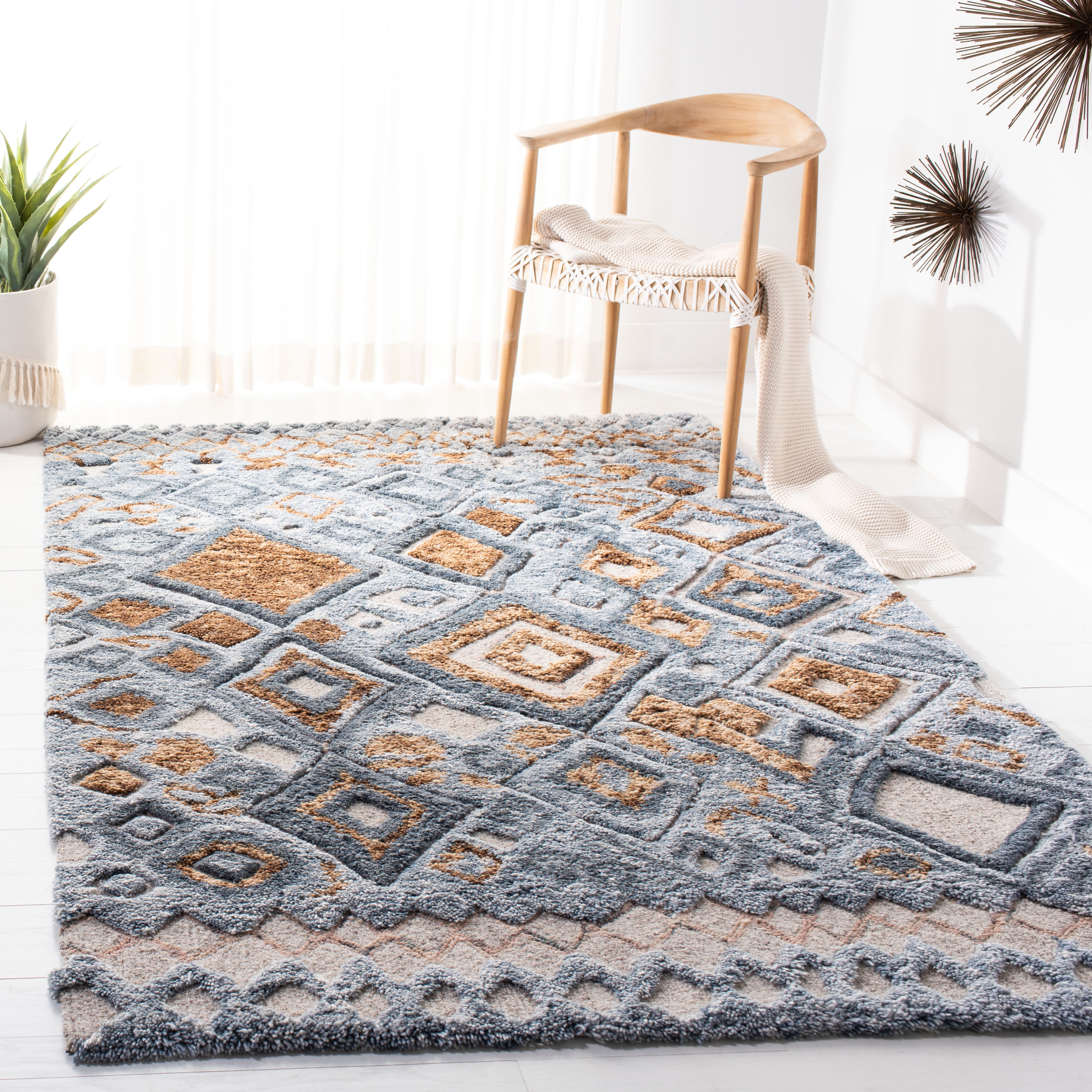 Grey and Gold Hand-Tufted Wool Moroccan Shag Rug, 5' x 8'