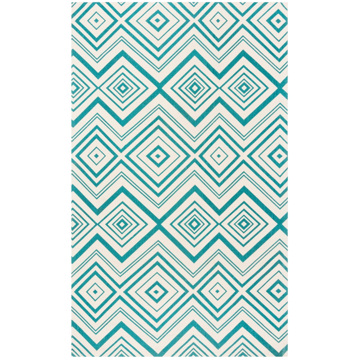 Ivory and Light Teal Geometric Cotton Flat-Weave Rug, 5' x 8'