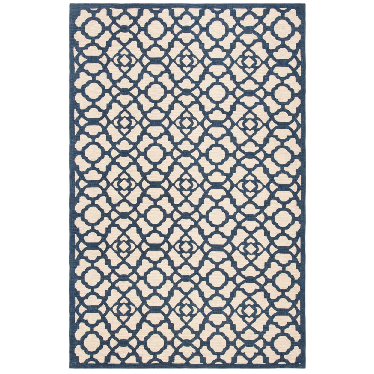 Ivory and Navy Floral Rectangular Wool Cotton Rug, 5' x 8'