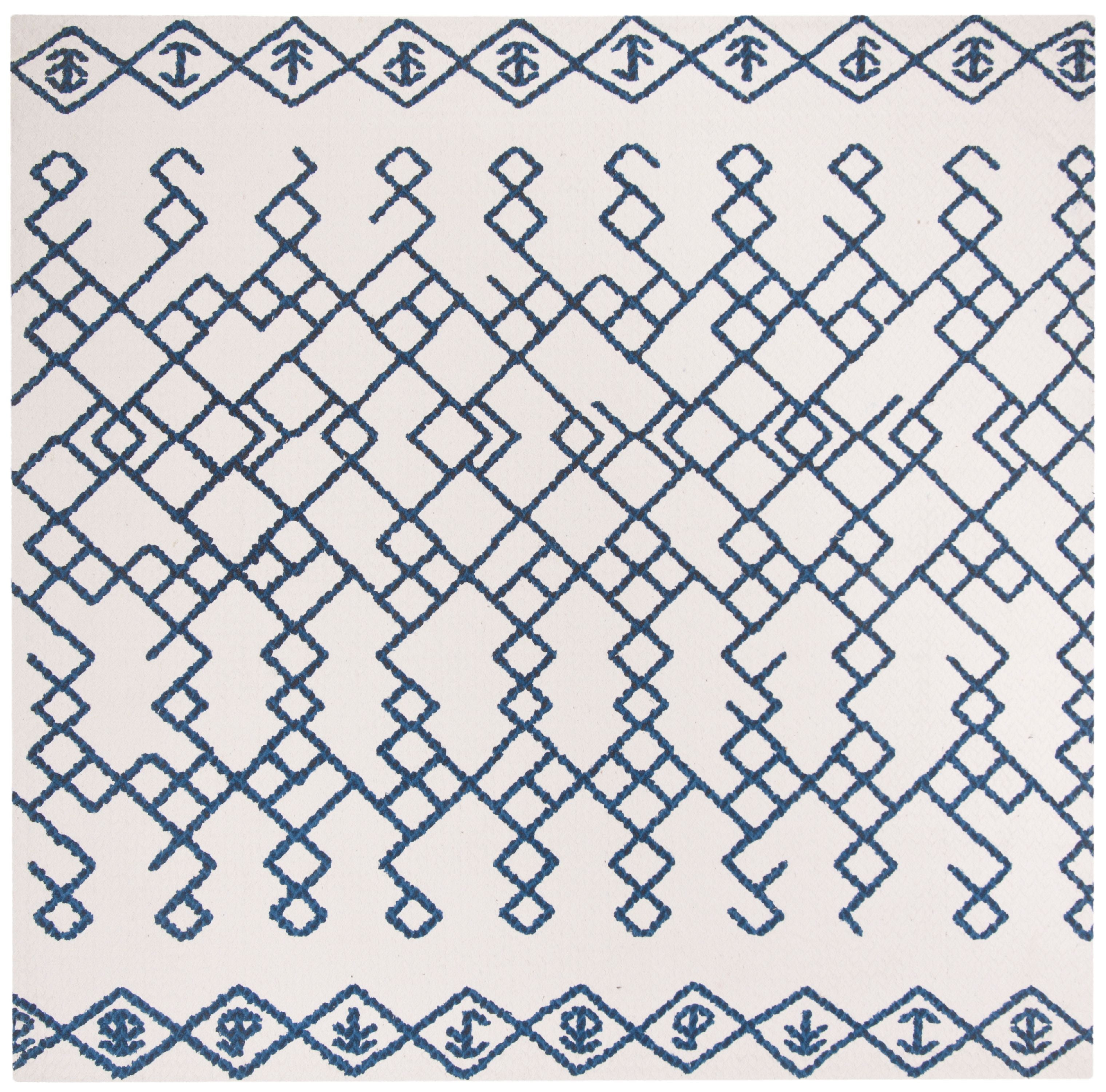 Hand-Loomed Ivory and Navy Geometric Square Cotton Rug 6'x6'