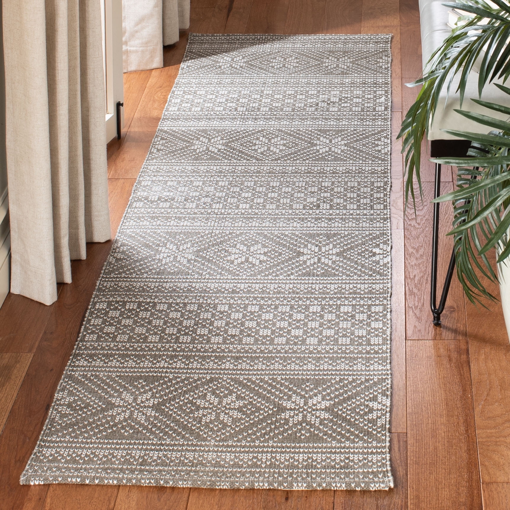 Grey and Ivory Floral Cotton Flat Woven Runner Rug