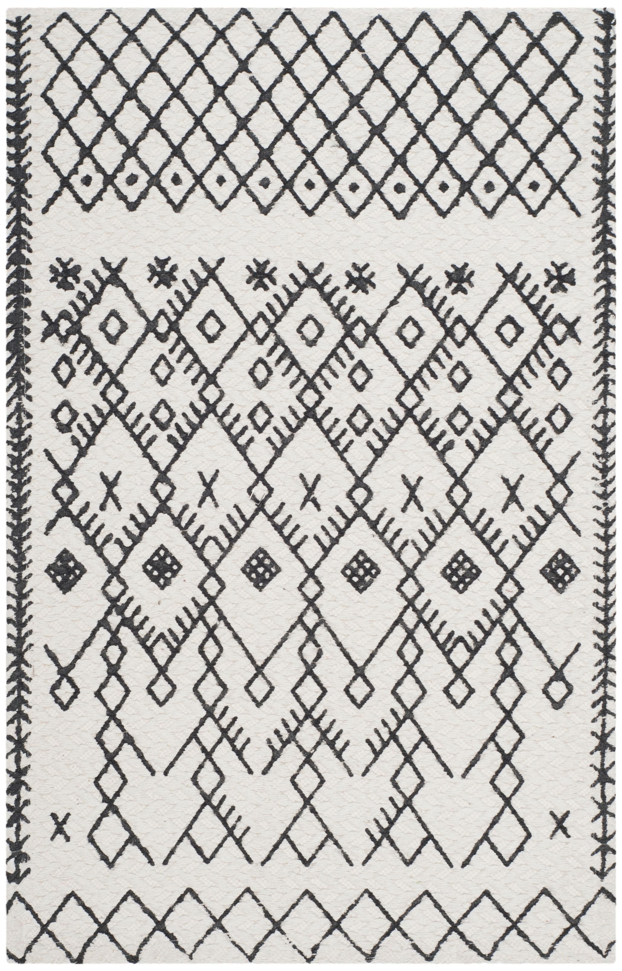 Ivory and Black Geometric Cotton Flat-Weave Area Rug