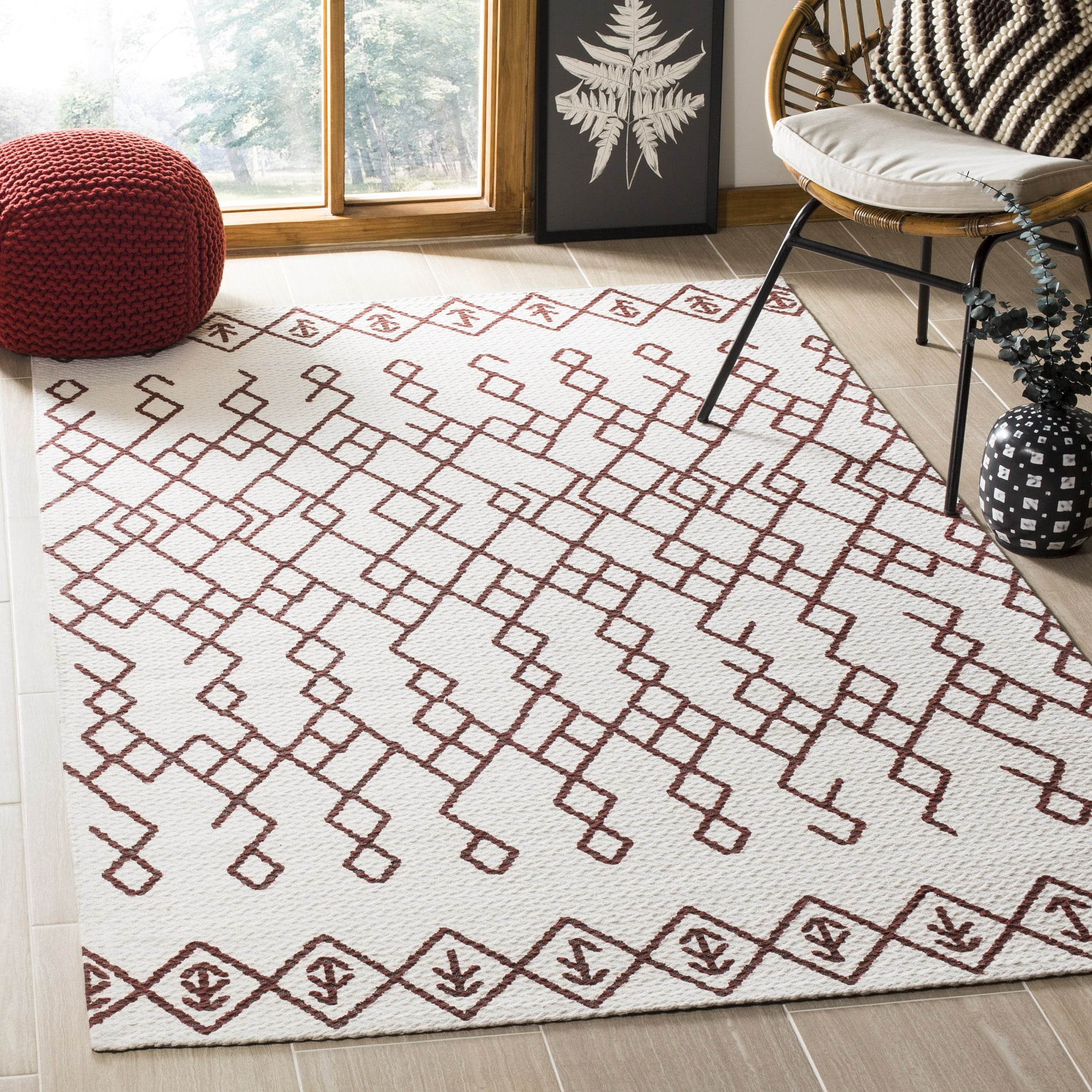 Ivory and Rust Geometric Cotton Flat Woven 8' x 10' Area Rug