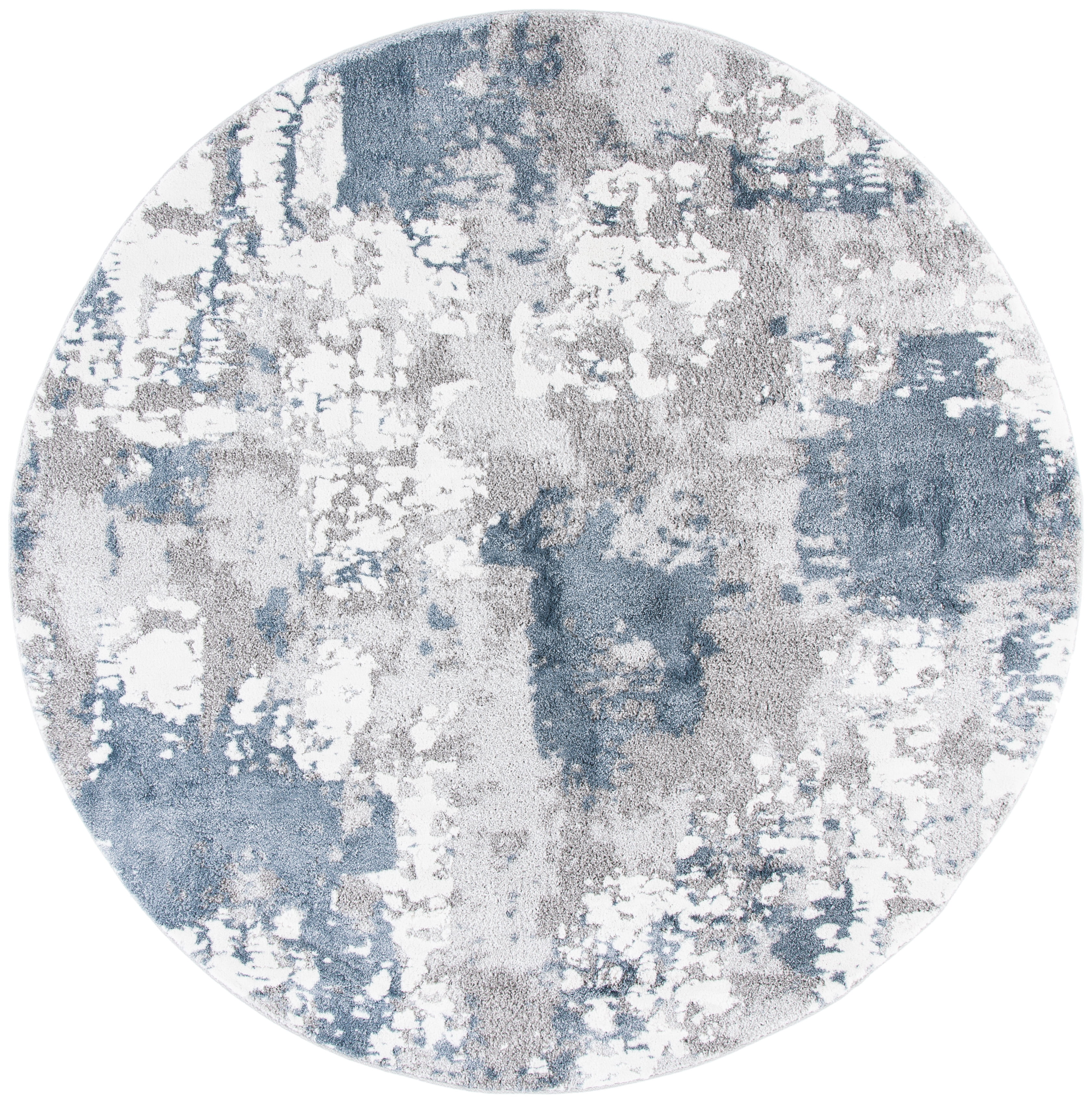 Round Gray and Blue Abstract Hand-knotted Area Rug