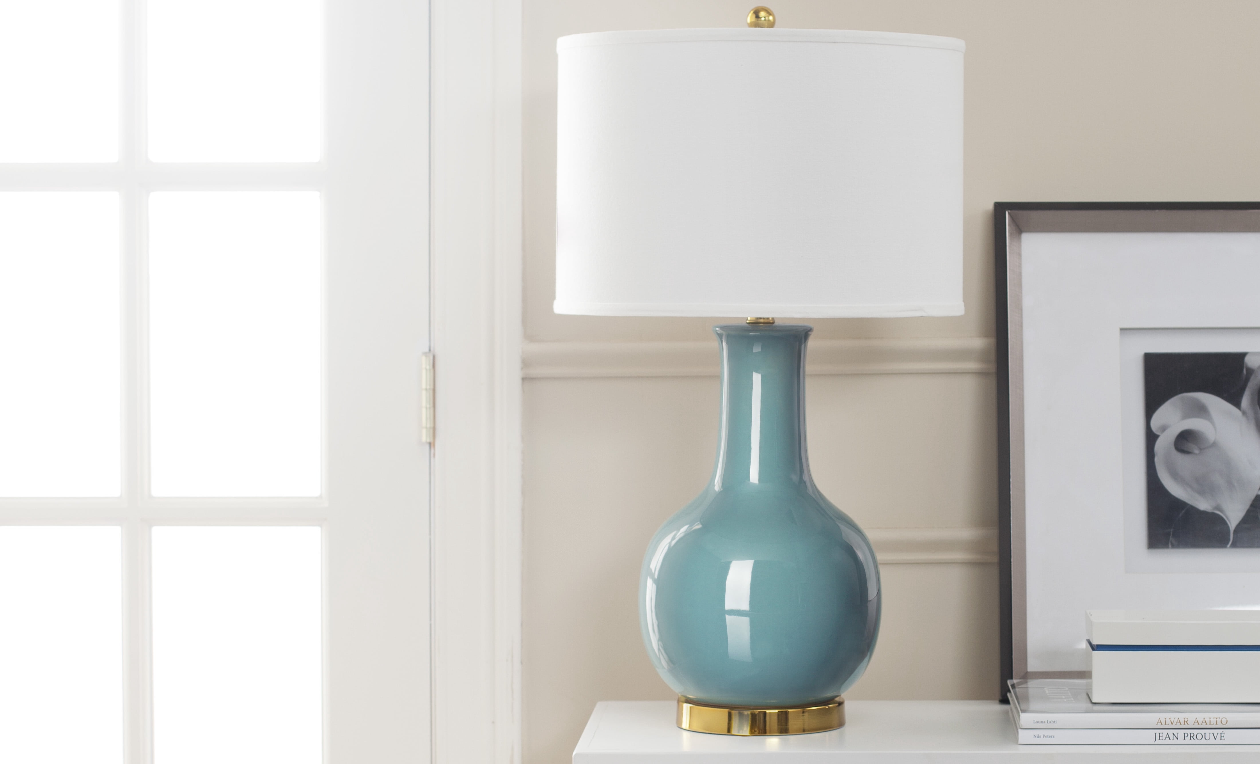 SAFAVIEH Ceramic Paris Solid 27.5 in. H Table Lamp w/ Shade, Light Blue/Off White