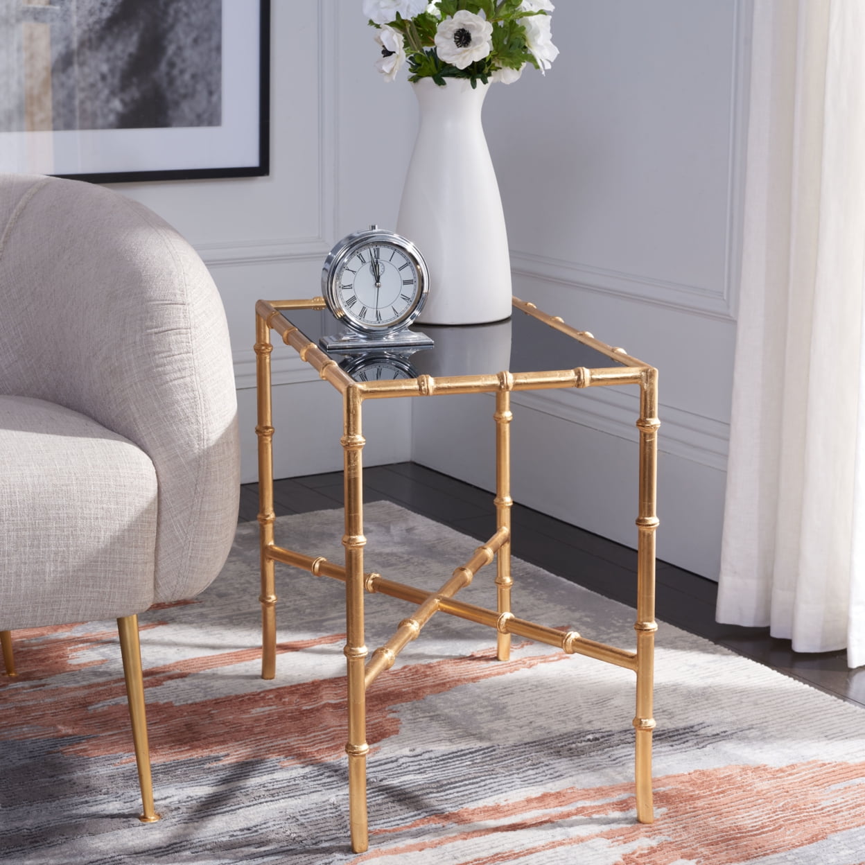 Margaret Rectangular Black Glass and Brass End Table