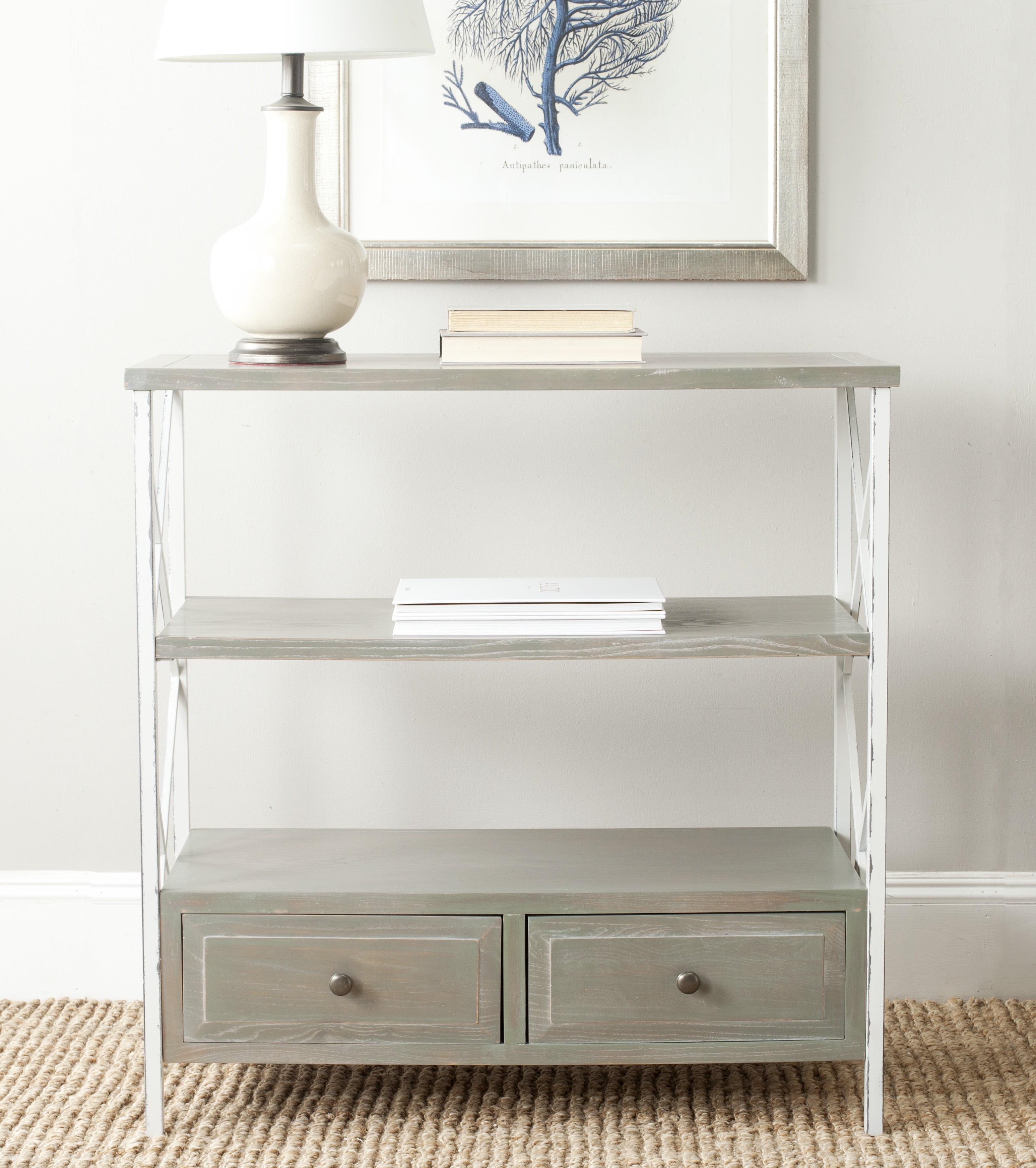 Transitional Ash Grey and White Smoke Metal-Wood Console with Dual Storage