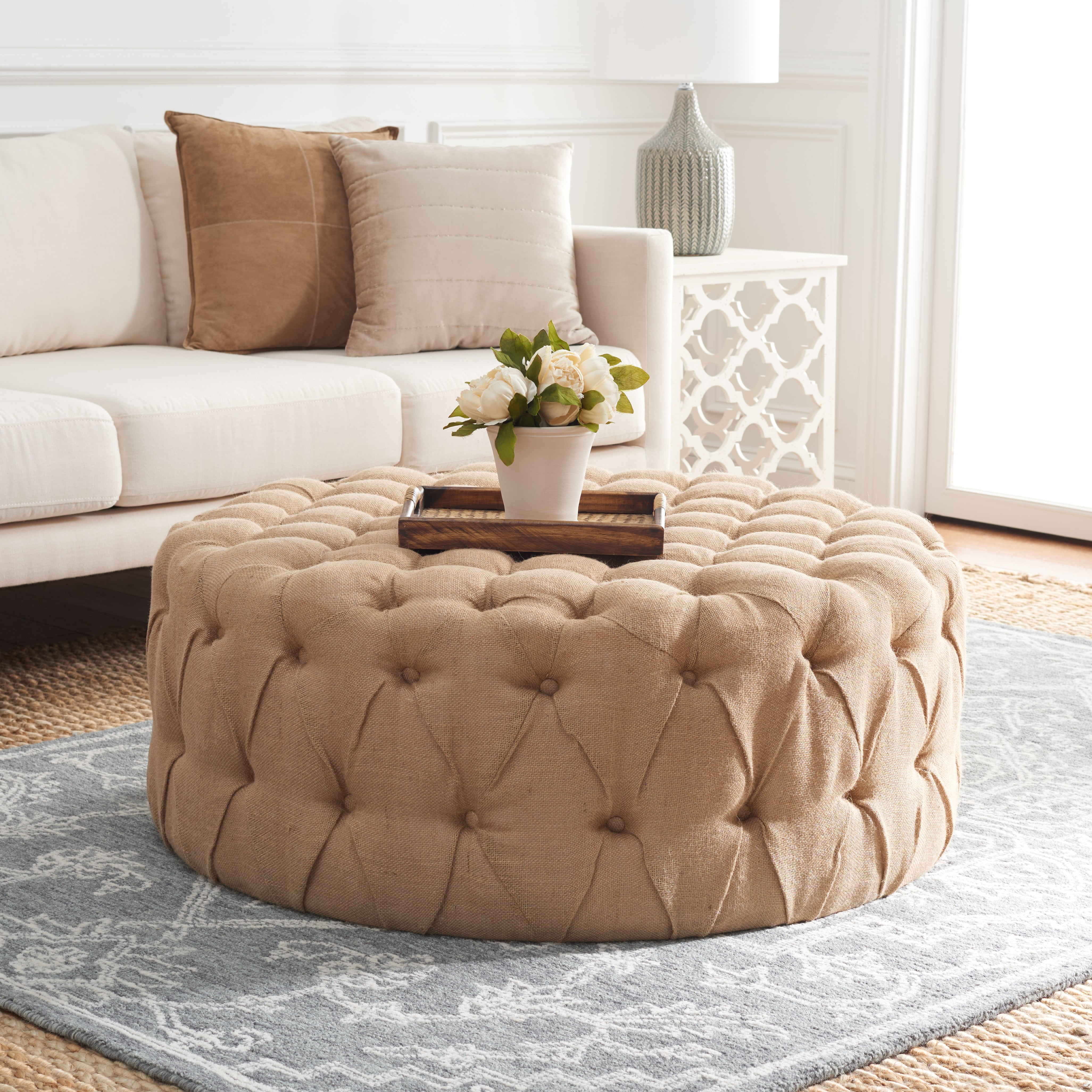 SAFAVIEH Charlene Modern Glam Solid Tufted Cocktail Ottoman, Beige