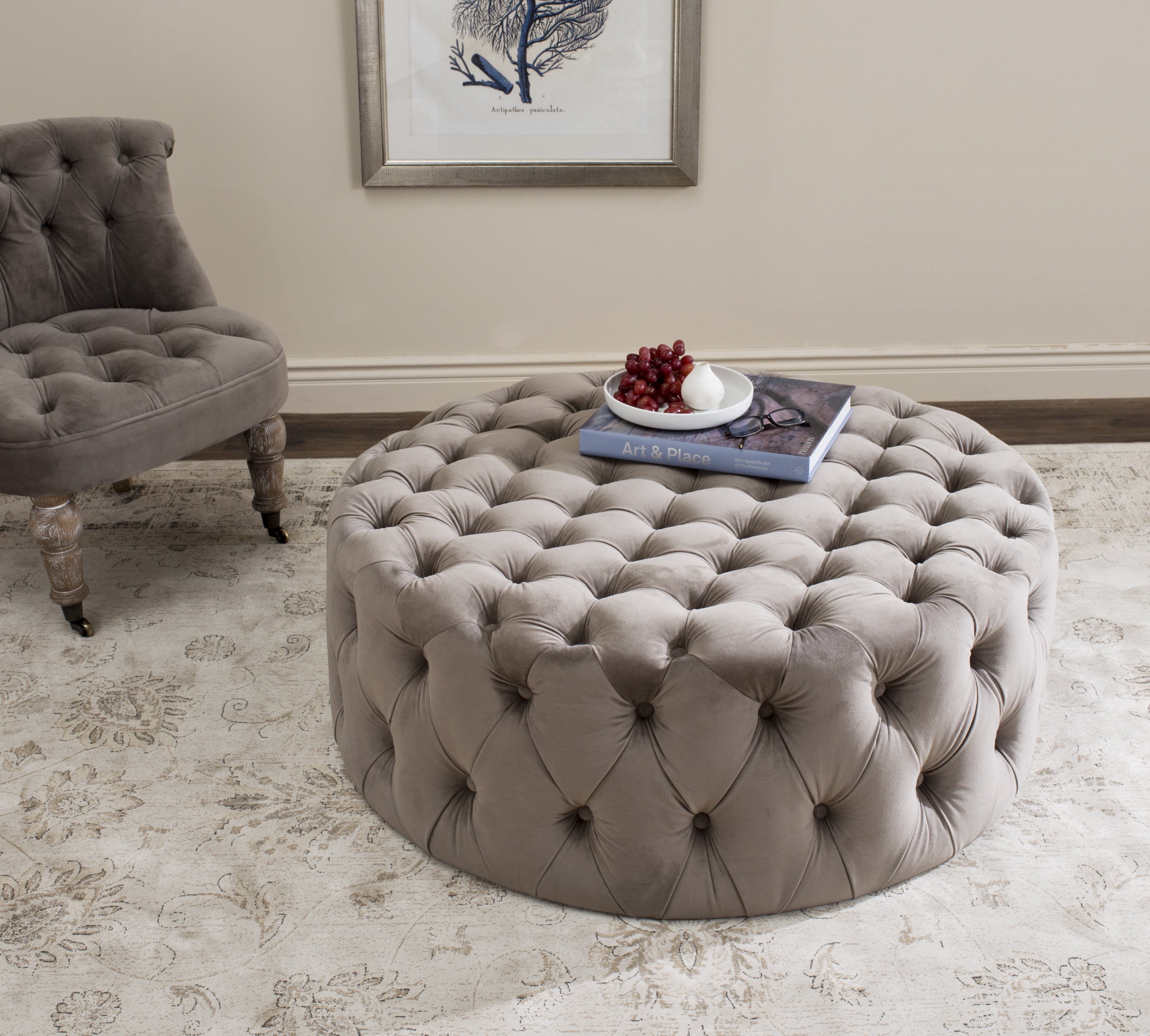 Charlene 39" Gray Tufted Round Cotton Ottoman
