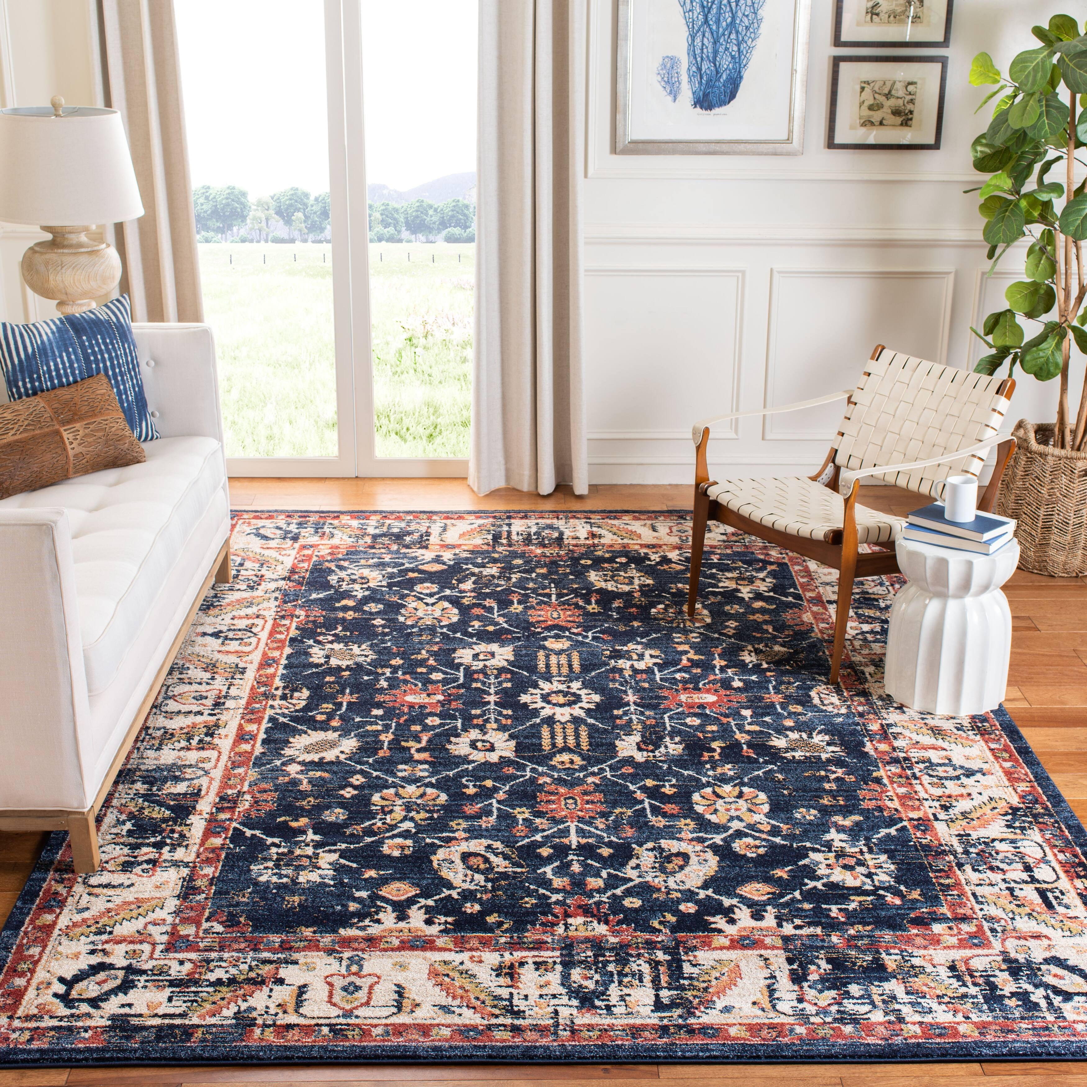 Navy and Ivory 8' x 10' Synthetic Floral Area Rug