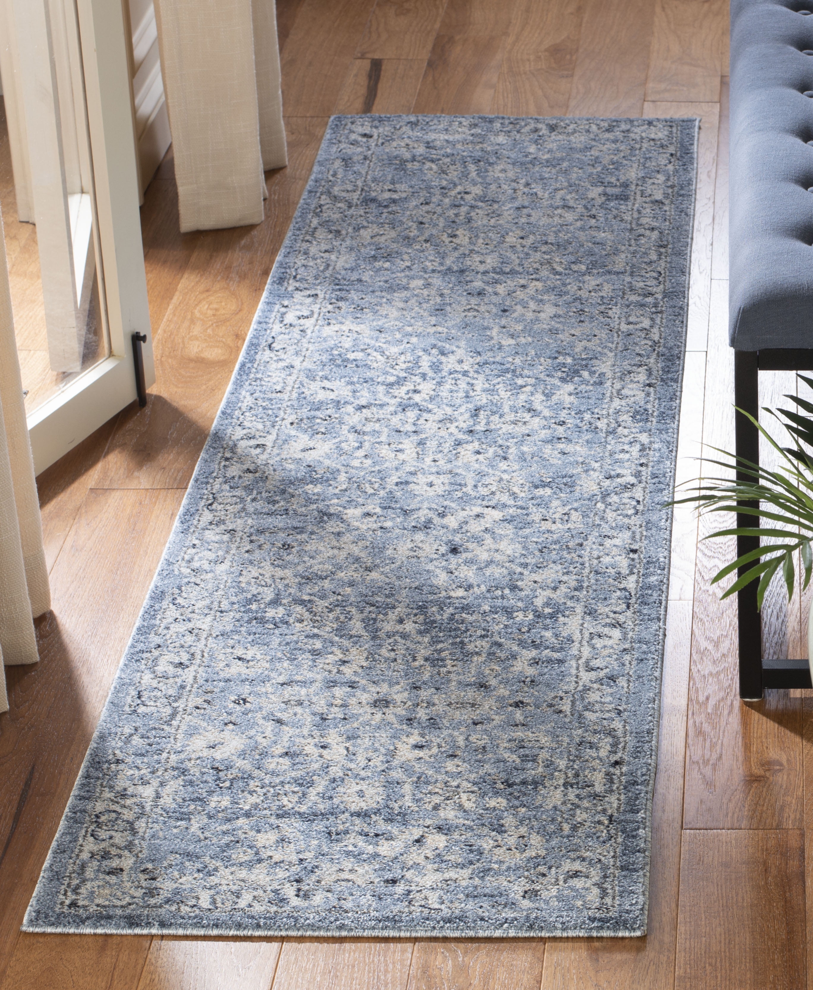 Charleston Vintage-Inspired Navy & Light Grey Synthetic Area Rug - 2' x 8'