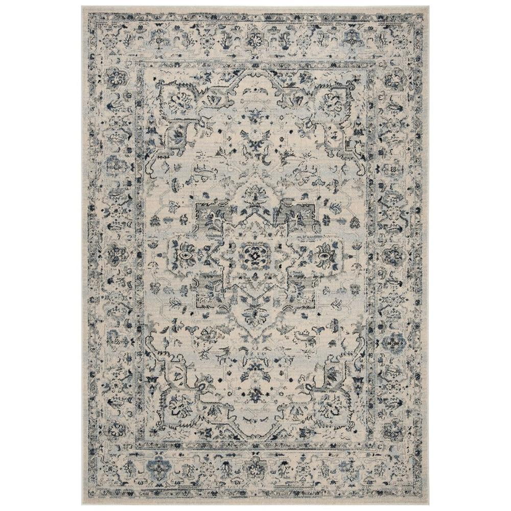 Ivory and Light Blue Rectangular Hand-Knotted Synthetic Area Rug