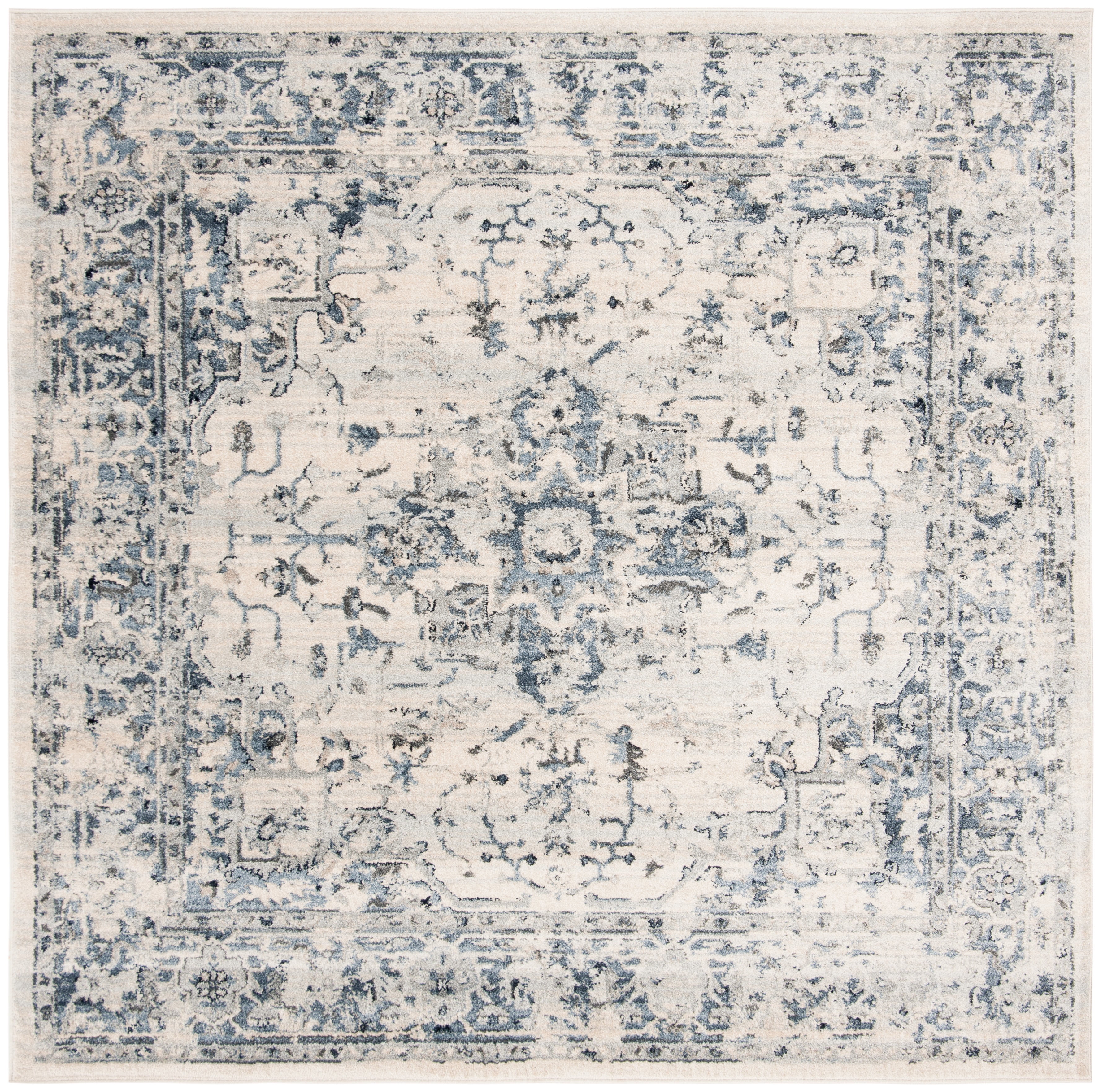 Charleston Ivory and Navy Synthetic Square Area Rug, 10 ft x 10 ft