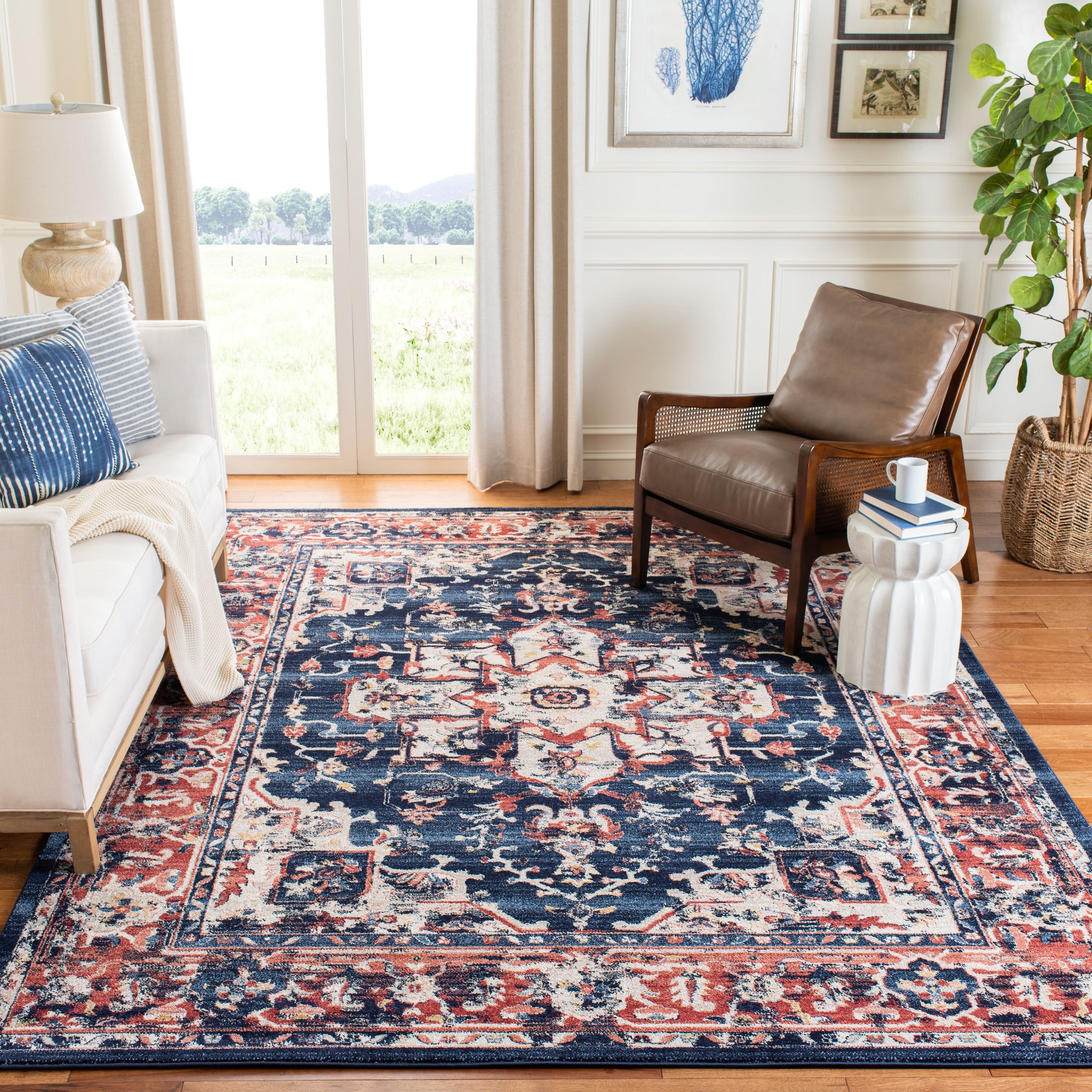 Charleston Navy and Red Synthetic 8' x 10' Area Rug
