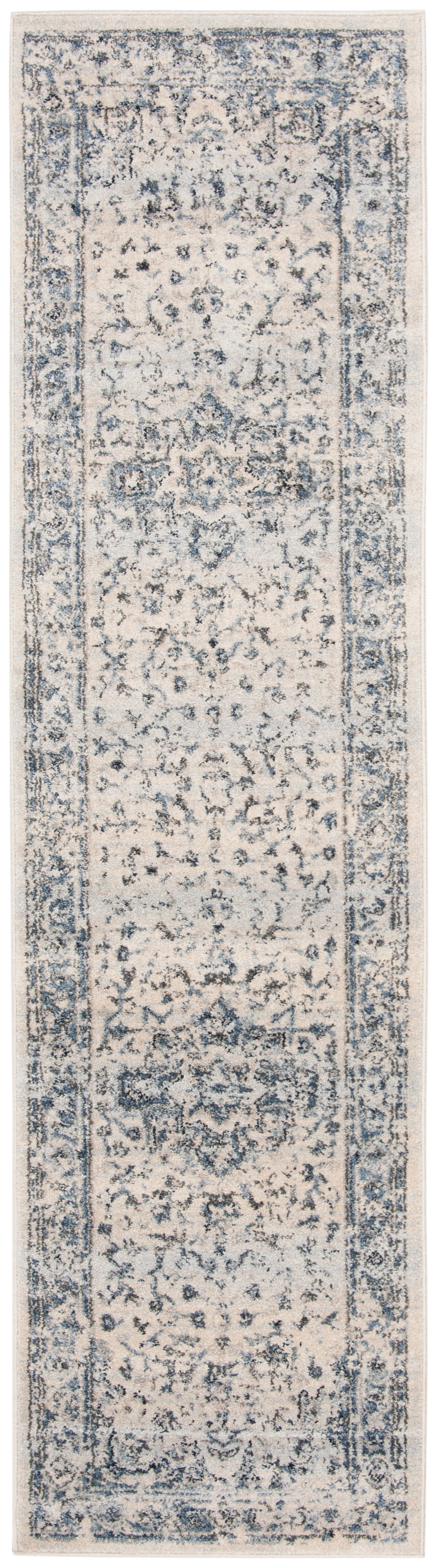 Ivory and Navy Synthetic Floral Runner Rug, 2' x 16'