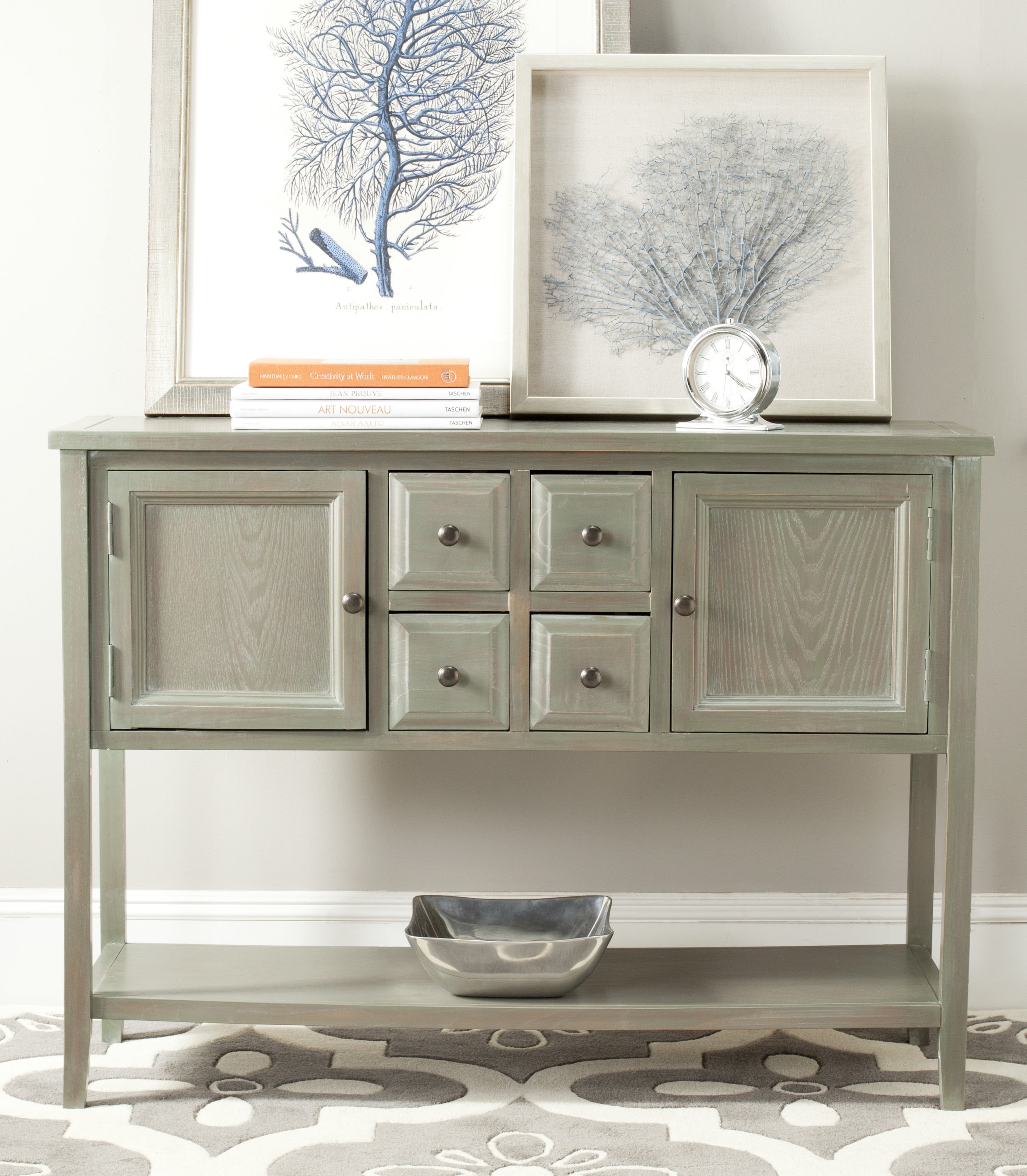 Transitional French Grey Sideboard with Open Shelf and Petite Drawers