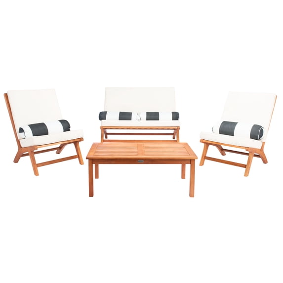 SAFAVIEH Chaston Outdoor 4 Piece Conversational Set, Natural/Beige/Black & White