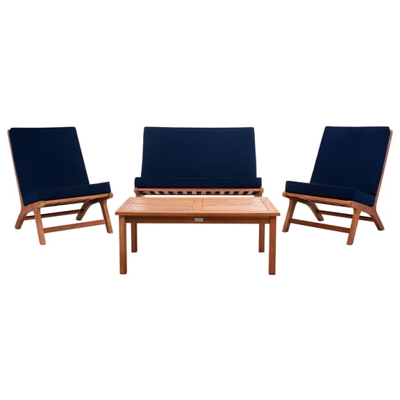 SAFAVIEH Chaston Outdoor 4 Piece Conversational Set, Natural/Navy