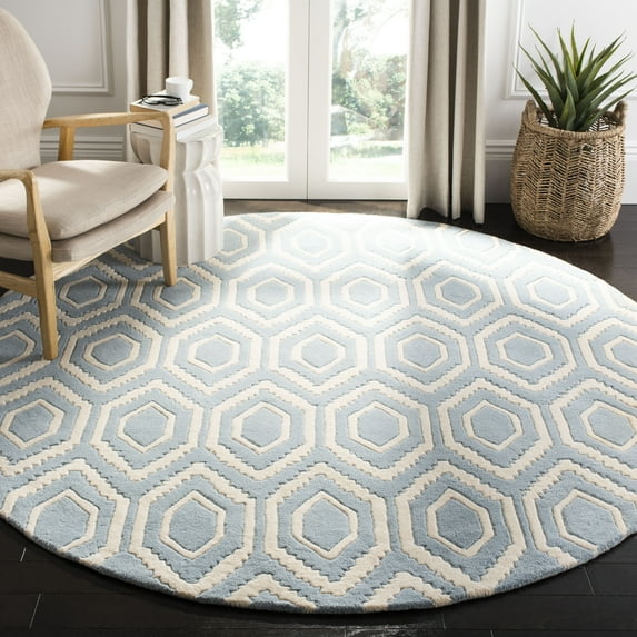 SAFAVIEH Chatham Graham Geometric Wool Area Rug, Blue/Ivory, 7' x 7' Round
