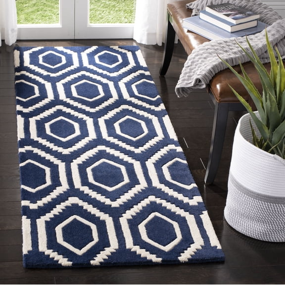SAFAVIEH Chatham Graham Geometric Wool Runner Rug, Dark Blue/Ivory, 2'3" x 9'