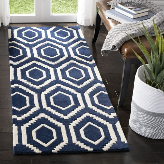 SAFAVIEH Chatham Graham Geometric Wool Runner Rug, Dark Blue/Ivory, 2'3" x 5'