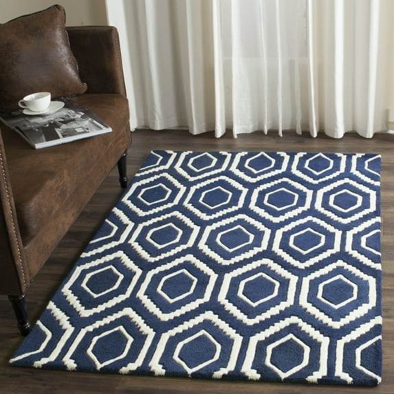 SAFAVIEH Chatham Graham Geometric Wool Area Rug, Dark Blue/Ivory, 4' x 6'