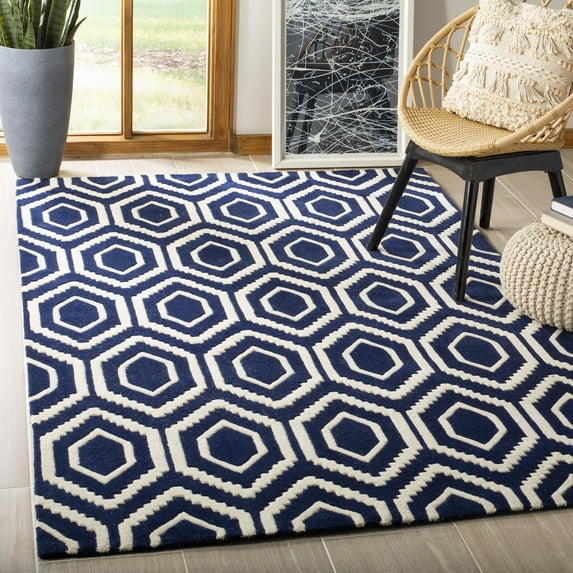 SAFAVIEH Chatham Graham Geometric Wool Area Rug, Dark Blue/Ivory, 5' x 8'