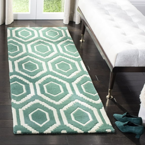 SAFAVIEH Chatham Graham Geometric Wool Runner Rug, Teal/Ivory, 2'3" x 7'
