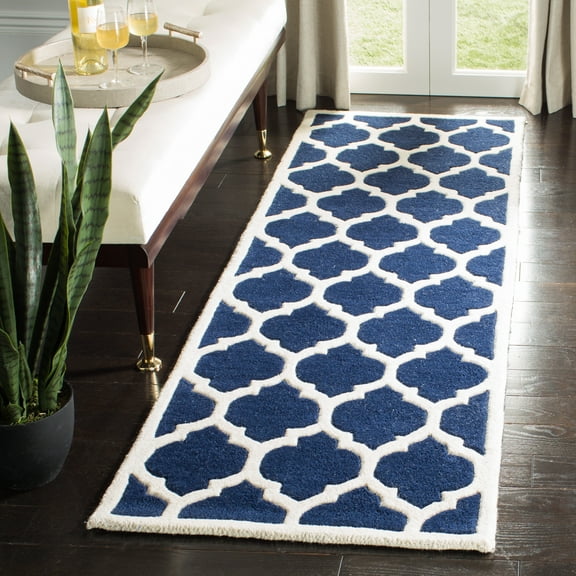 SAFAVIEH Chatham Freddy Geometric Wool Runner Rug, Dark Blue/Ivory, 2'3" x 7'