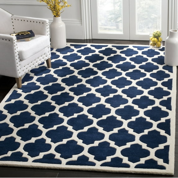 SAFAVIEH Chatham Freddy Geometric Wool Area Rug, Dark Blue/Ivory, 3' x 5'