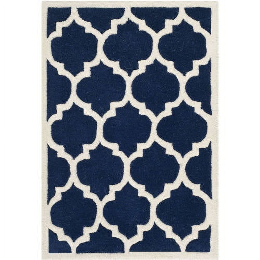 Handmade Dark Blue and Ivory Wool Square Rug, 7' x 7'