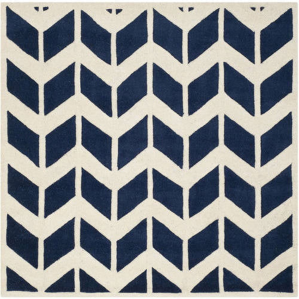 Ivory and Dark Blue Hand-Tufted Wool Square Rug, 5' x 5'