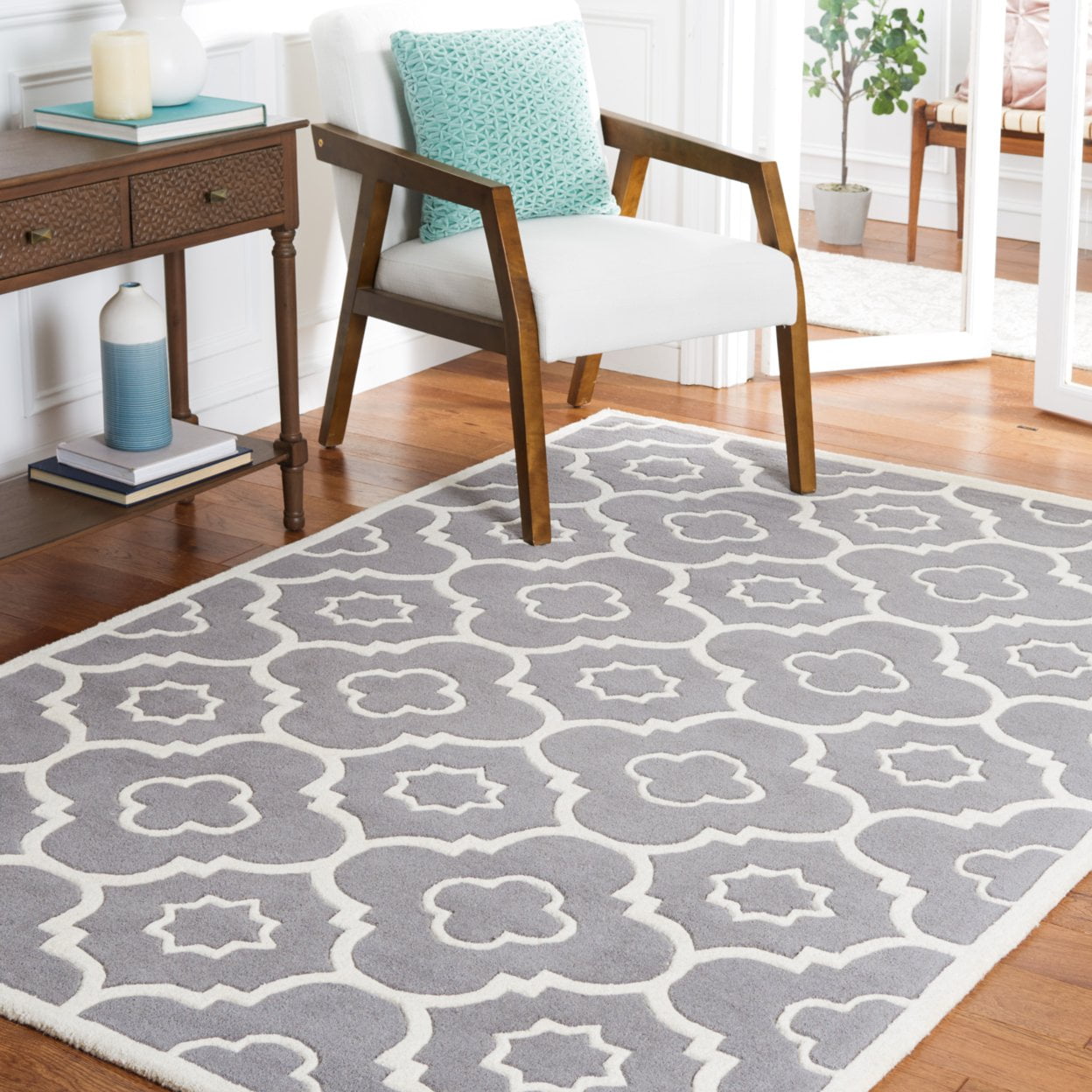 Handmade Dark Blue/Ivory Wool Tufted Square Rug 3' x 3'