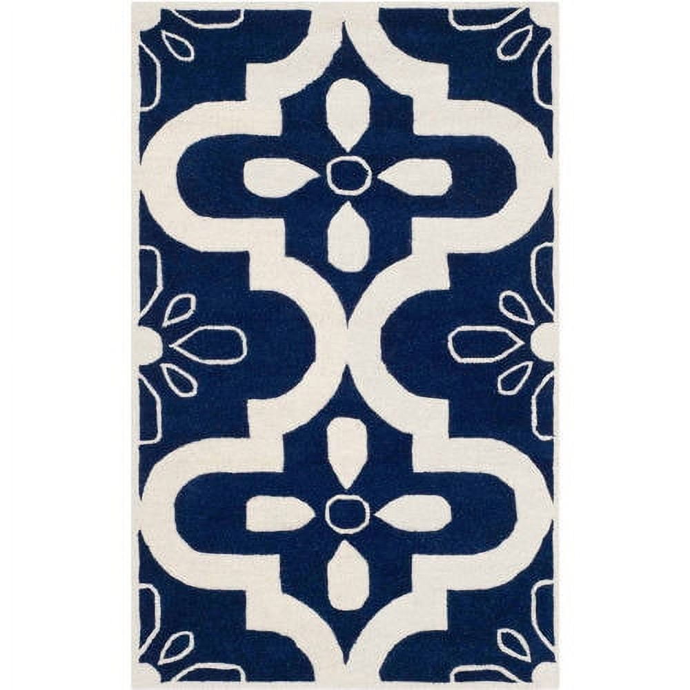 Handmade Dark Blue and Ivory Wool Tufted 5' x 8' Rug