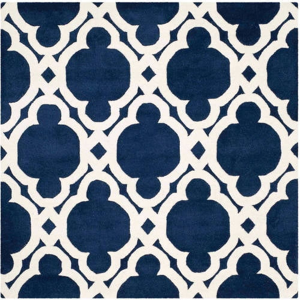 Handmade Dark Blue and White Wool Square Rug