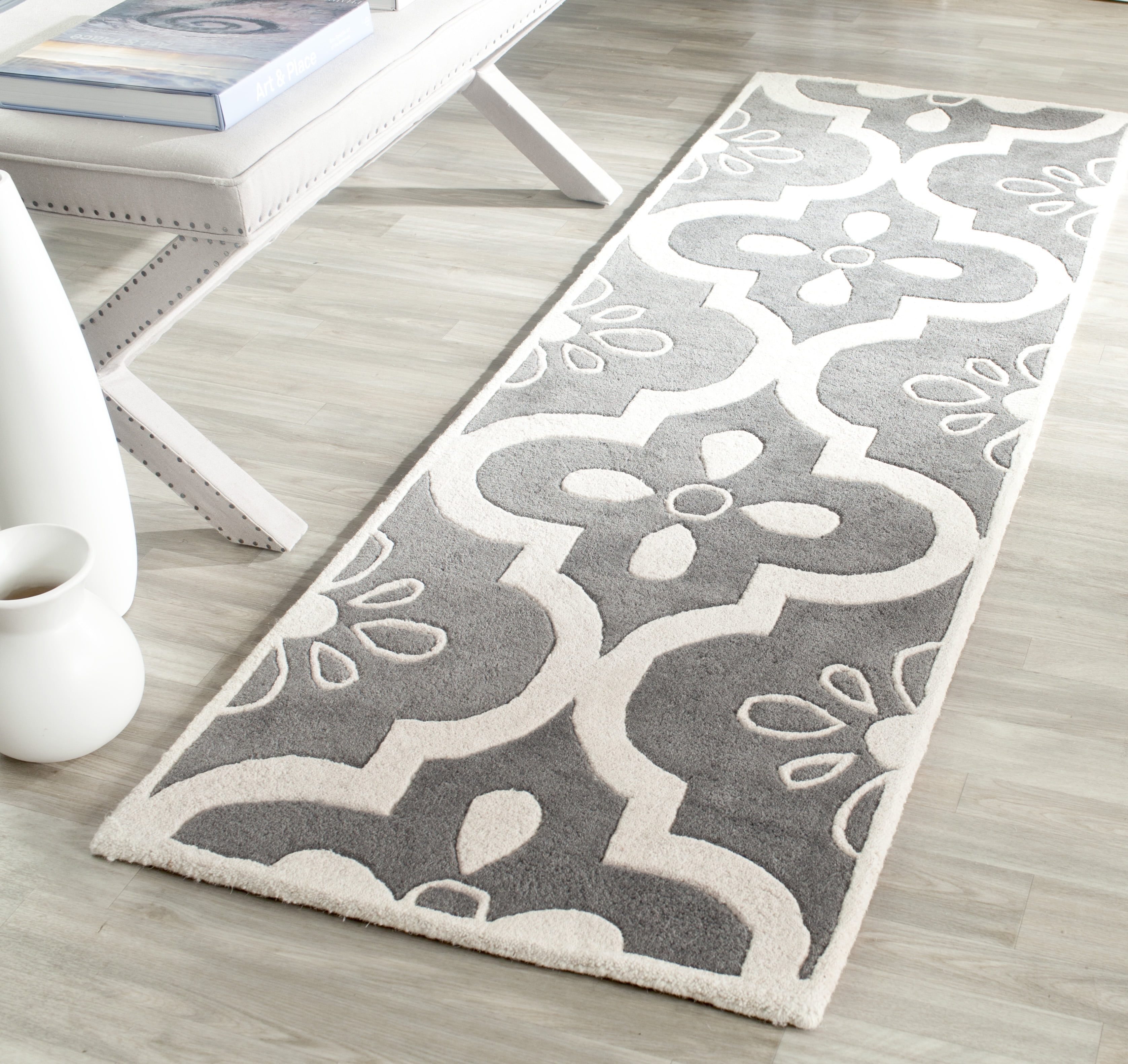 Hand-Tufted Dark Grey and Ivory Wool Runner Rug