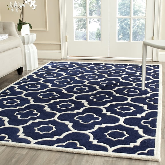 SAFAVIEH Chatham Diego Geometric Wool Area Rug, Dark Blue/Ivory, 8'9" x 12'