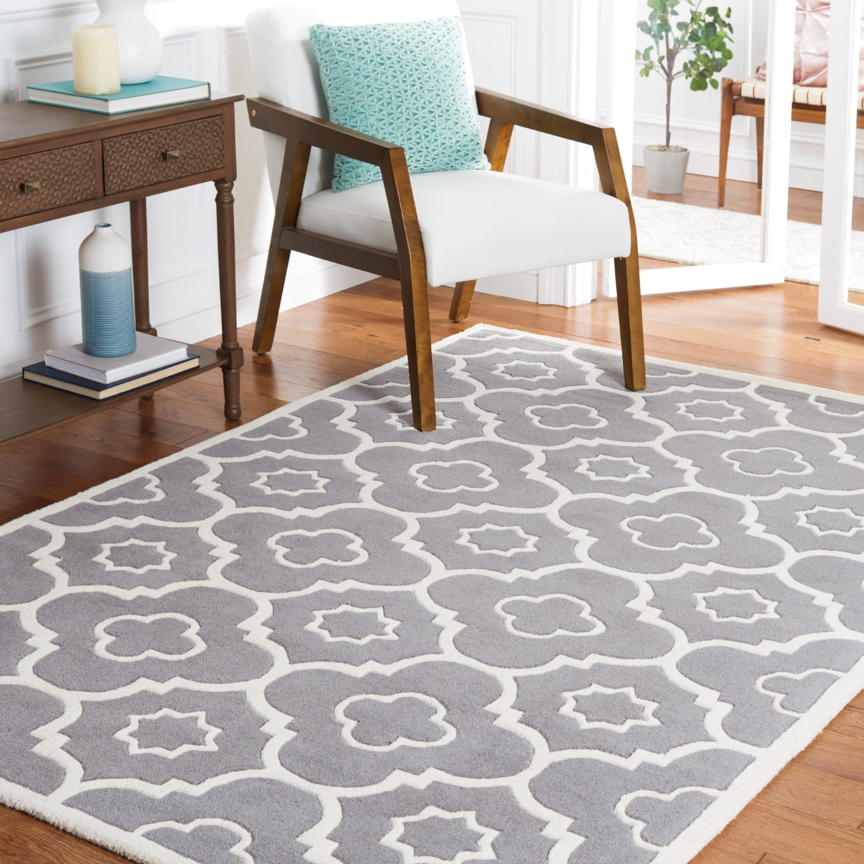 Ivory and Dark Grey Hand-Tufted Wool Square Rug