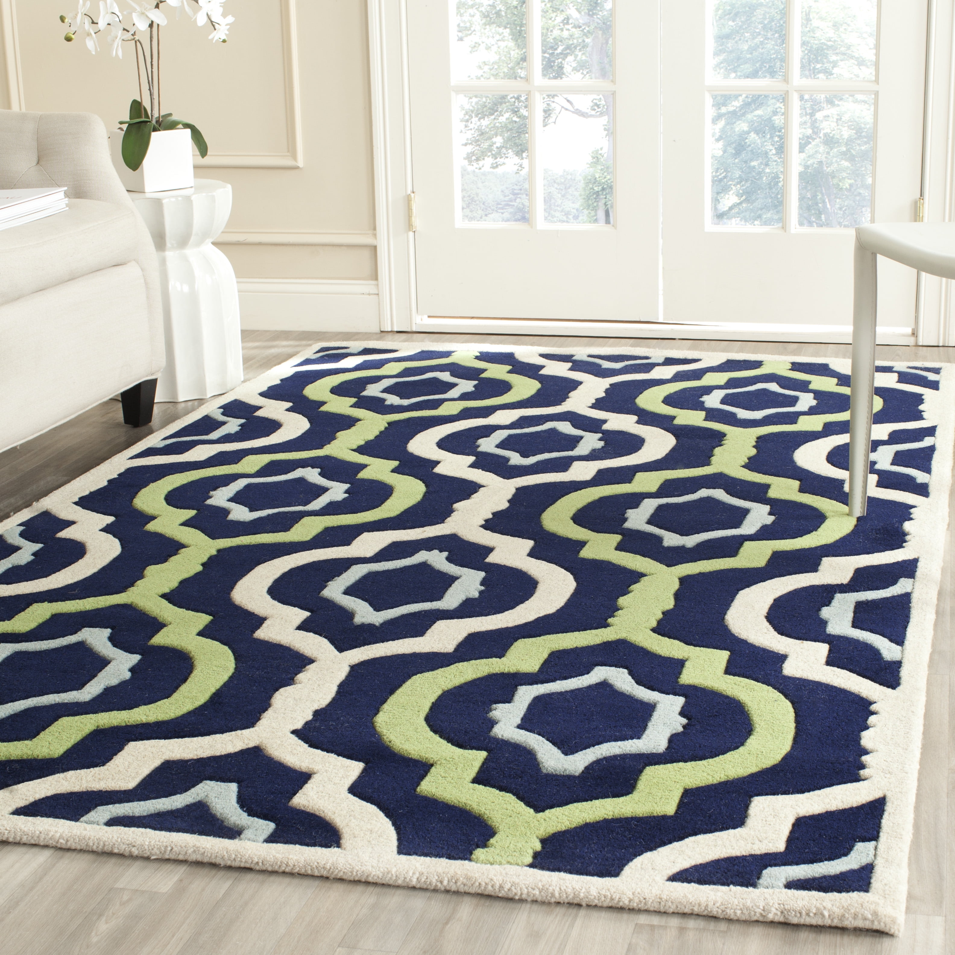 Dark Blue and Multicolor Hand-Tufted Wool Square Rug