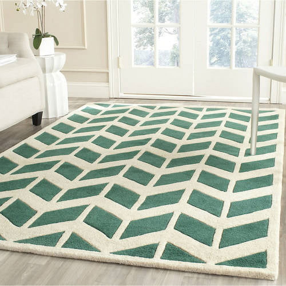 Teal and Ivory Hand-Tufted Wool Zigzag Area Rug, 4' x 6'