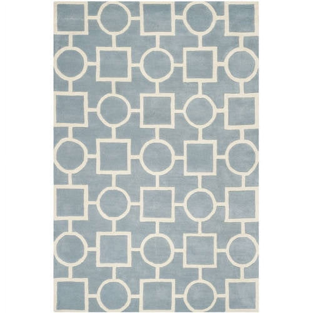 Blue and Ivory Geometric Hand-Tufted Wool Rug, 6' x 9'