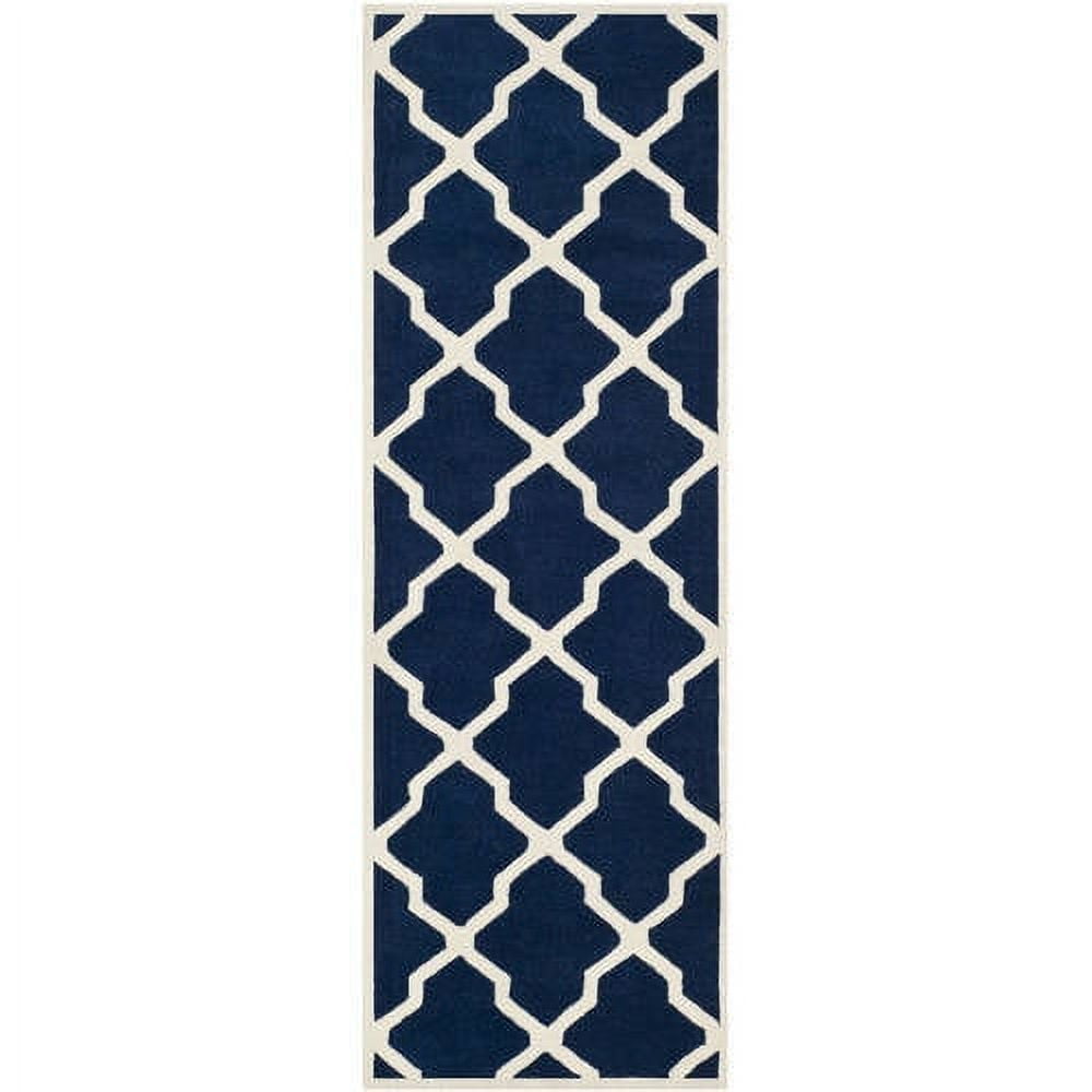 Elegant Dark Blue/Ivory Hand-Tufted Wool Runner Rug