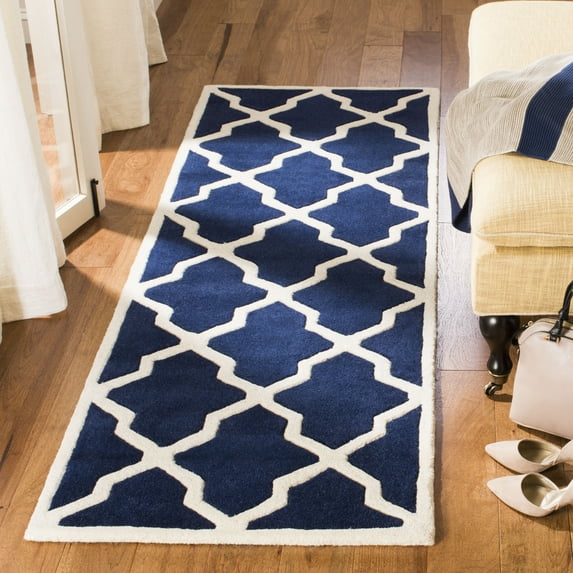 SAFAVIEH Chatham Franklin Geometric Wool Runner Rug, Dark Blue/Ivory, 2'3" x 7'